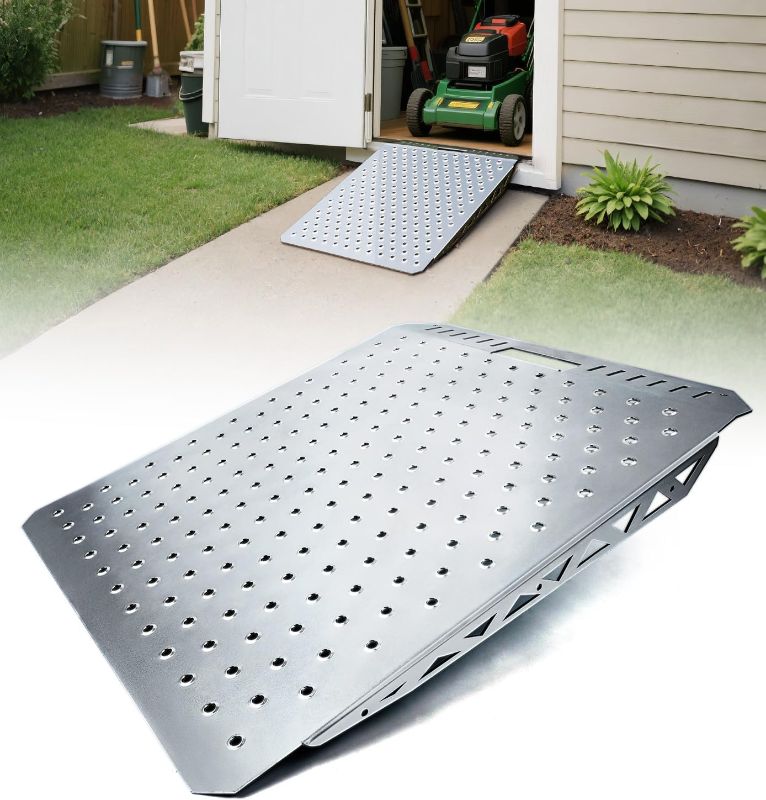 Photo 1 of Heavy-Duty Shed Ramp for Riding Mower, Ramps for Sheds Garage Threshold Doorway Lawn Mowers Tractor Snow Blower Wheelchairs Garden Cart,
