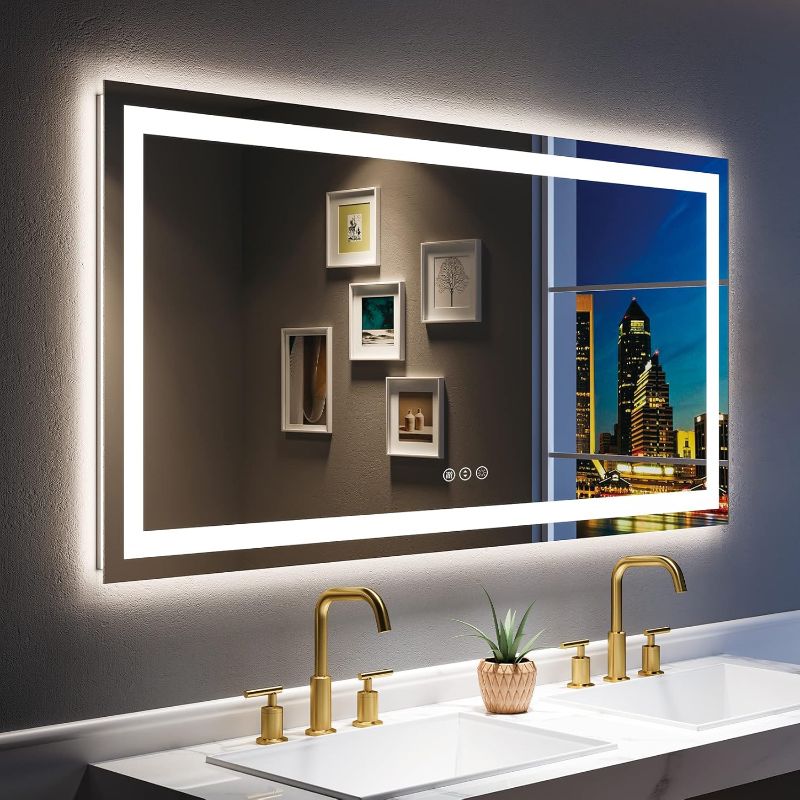 Photo 1 of 55x30 Inch LED Bathroom Mirror with Lights Front and Backlit Lighted Vanity Mirror for Bathroom Wall with 3 Colors Dimmable Anti-Fog Memory Shatter-Proof IP54 Waterproof Horizontal/Vertical
