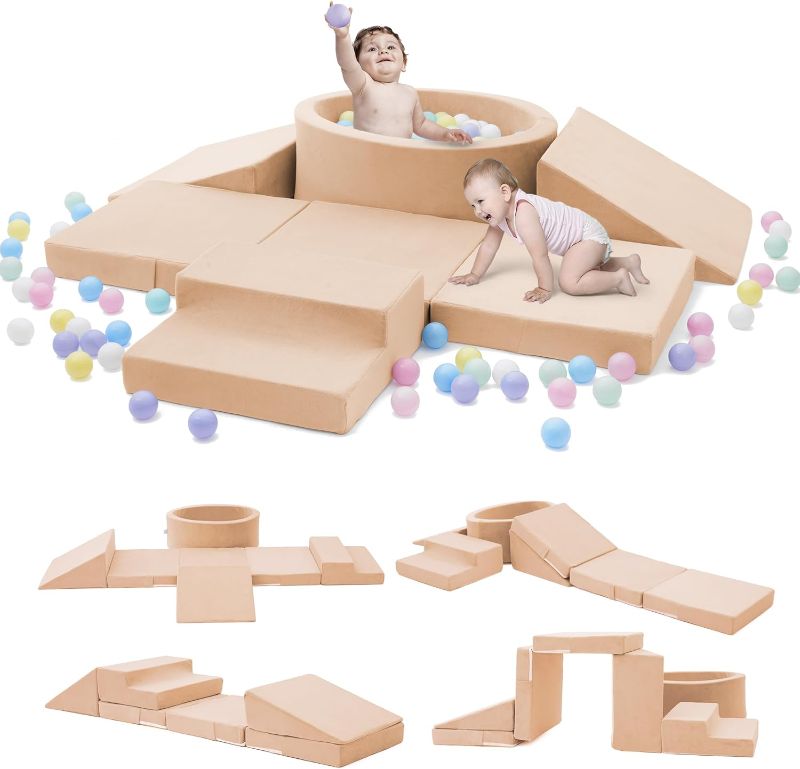 Photo 1 of Foam Climbing Blocks with Ball Pit & Stairs for Toddlers Aged 1-3 -Soft Playset for Indoor Crawling, Foam Playground Set for Baby to Active Playing Inside -(Balls NOT Included),Beige
