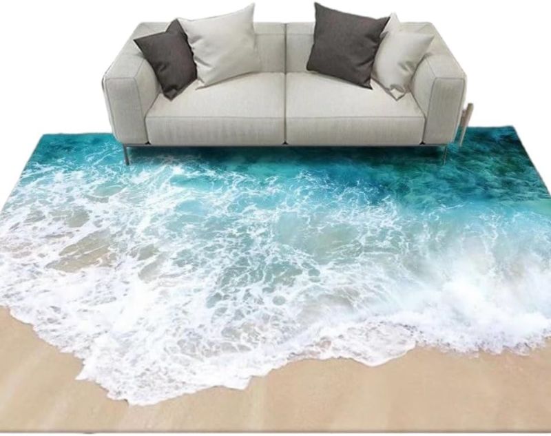Photo 1 of 3D Visual Blue Ocean Rug with Beach Design Carpet, Large Sea Wave Area Rugs for Girls Bedroom-Cute Garden Mat Non-Slip Sofa Mat (Sea Wave,48''x64'')
