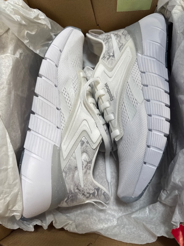Photo 1 of MISSING A SHOELACE*** Reebok Nano Gym Womens Sneakers, Workout and Walking Shoes for Women, Footwear White/Silver Metallic/Barely Grey, 8.5
