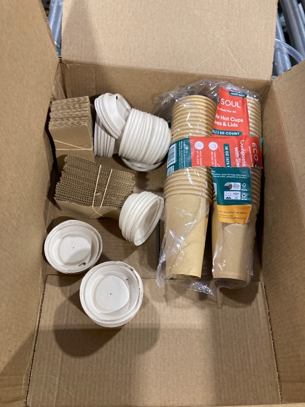 Photo 1 of ECO SOUL 100% Compostable Coffee Cups With Lids & Sleeves - 16Oz (50 Counts) To Go Coffee Disposable Bagasse Cups |Sturdy & Eco-Friendly Cups for Cafes, Party, Office