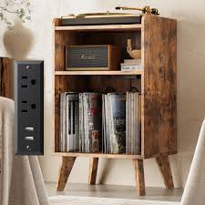 Photo 1 of Record Player Stand, Turntable Stand with Record Storage and Charging Station & USB Ports, Record Player Table with Metal Divider, Record Stand Up to 160 Albums for Living Room, Bedroom Brown