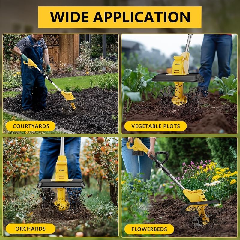 Photo 1 of 21V Cordless Tiller Cultivator, 360 Max RPM Cordless Electric Garden Tiller 3.0 Ah Battery & Fast Charger, 9.06" Tilling Width, 6.3" Depth, Portable Rotary Tiller for Lawn Soil Cultivation