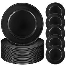 Photo 1 of Black Charger Plates Bulk, 13" Round Beaded Plate Chargers for Dinner Plates, Decorative Dinner Chargers Plastic Table Chargers for Wedding Holiday Party Baby Shower Event Decoration (Black) 50 PCS 