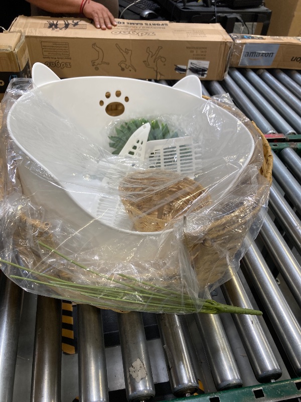 Photo 1 of Cat Litter Box Enclosure Furniture with Artificial Plant - Handwoven Rattan Round Planter, Hidden Odor Control System, Easy Clean, for Living Room, Bedroom, Corner, Natural Decor
