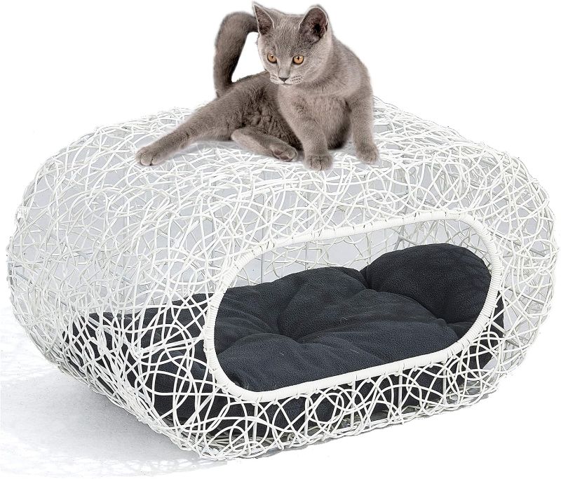 Photo 1 of D+GARDEN Fun Stackable White Cat Condo for Indoor Cats - Interactive Play Rattan Modern Cat House for Indoor Cats Kitty, Pet Friendly Top/Side House Entry, Cat B