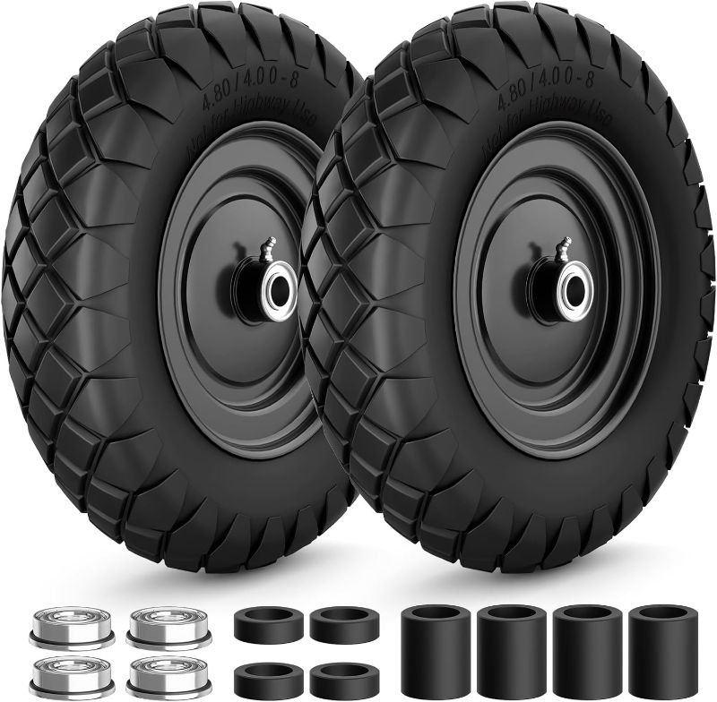 Photo 1 of 4.80/4.00-8 Flat Free Tire and Wheel, 16" Solid Wheelbarrow Tires 4.80/4.00-8 for Wheelbarrows and Garden Trailer, 5/8" and 3/4" Bearings, 14" - 16" Universal Wheelbarrow Wheel, 2Pack Black, 400Lbs