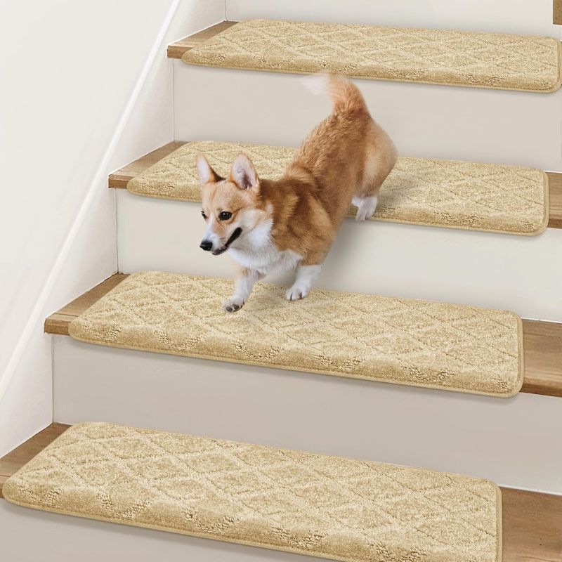 Photo 1 of Bullnose Stair Treads Non-Slip 9.5" x 32", 14 Pcs Carpet for Wooden Steps Indoor With Edge Protection, Reusable Peel and Stick TPU Backing Runner Rugs - Diamond Pattern Beige