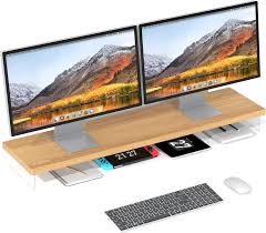 Photo 1 of Dual Monitor Stand Riser, 40" Large Computer Monitor Stands for 2 Monitors, Wooden Desktop Organizer Shelf for Office Desk Computer, Laptop, TV, Monitor, Printer