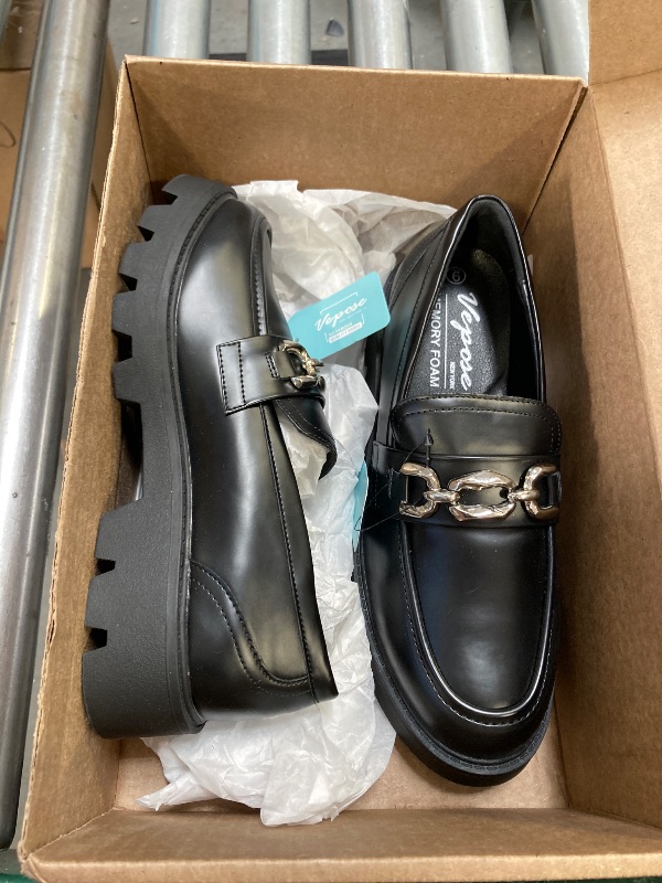 Photo 1 of Vepose Women's 8081 Platform Casual Loafers, Black Round Toe Slip On Loafers Shoes, Fashion Chunky Heel Loafer with Chain, Comfortable Loafer with Arch Support, Size 9M US (CJY8081 Black 09)
