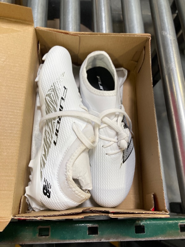 Photo 1 of New Balance Furon Team FG V8 Soccer Shoe, White/Metallic Silver/Black, 5.5 US Unisex Big Kid