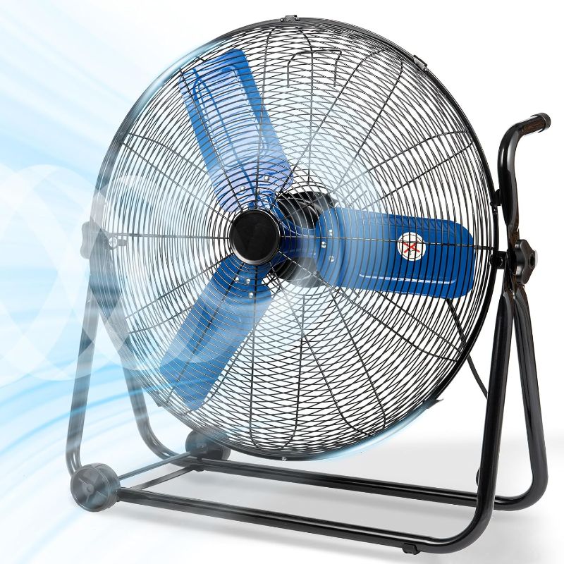 Photo 1 of 24" Industrial Fan Heavy Duty, 8500 CFM High Velocity Floor Fan 3 Speeds, Metal Construction and Aluminum Blades, 360° Tilt Metal Fan for Warehouse Garage Shop Workshop Factory and Basement Blue
