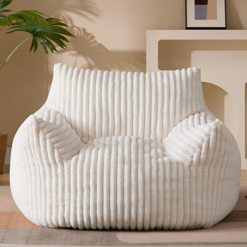 Photo 1 of Giant Plush Bean Bag Chair for Adults with Armrests - Oversized Comfy Beige Beanbag Lounge Lazy Floor Sofa Accent Chair for Living Room, Bedroom & Dorm, Cozy Fluffy Single Cloud Mini Couch
