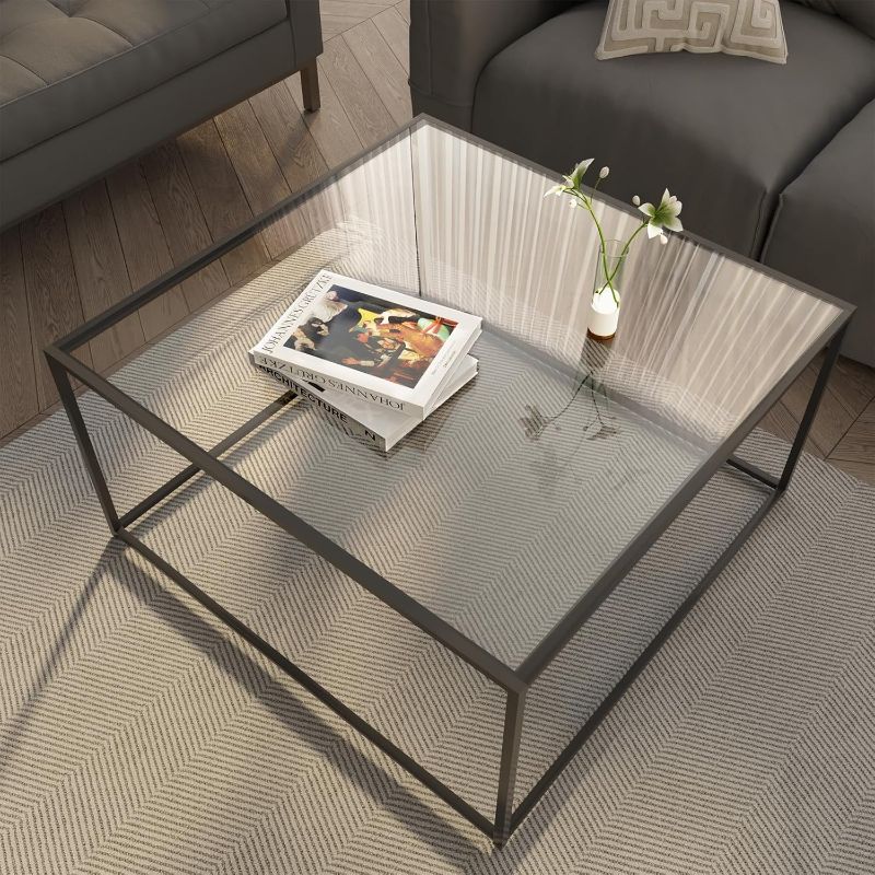 Photo 1 of SEE NOTES//Glass Coffee Table Modern Center Table,Minimalist Coffee Table Sofa Side Tea Table for Living Room,Tempered Glass-top with Sturdy Metal Frame, Easy Assembly,26.4 x 26.4 x 15.7 Inches, Black
