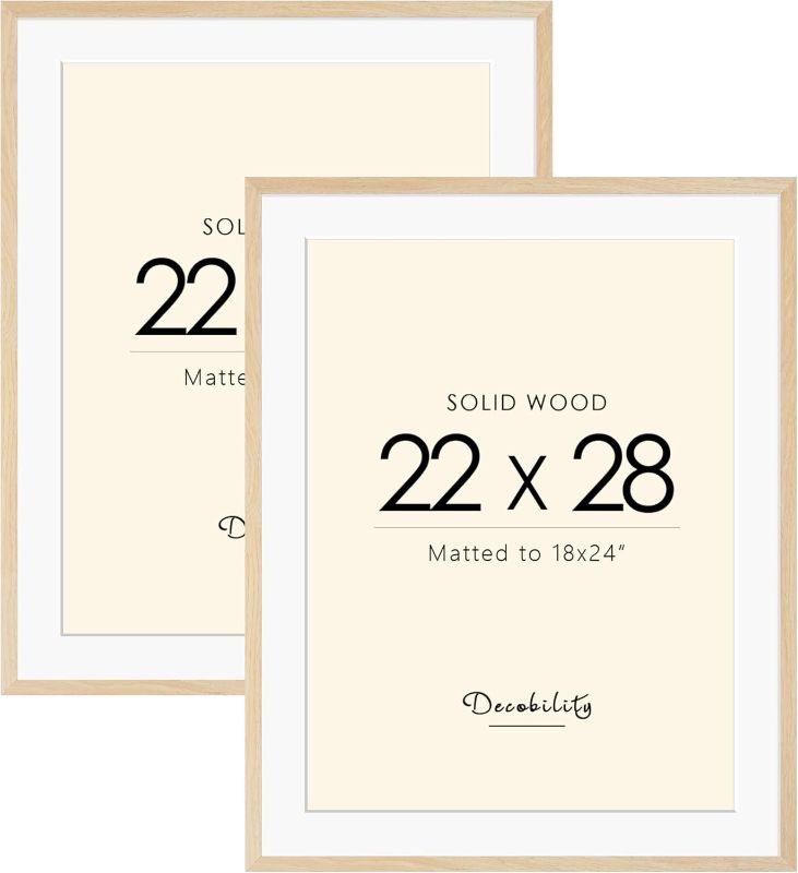 Photo 1 of 22x28 Solid Wood Poster Frame, Natural Wood Picture Frame with Paper Mat, Display picture 18x24 with mat or 22x28 without Mat, Set of 2 Oak Wood Grain Picture Frame
