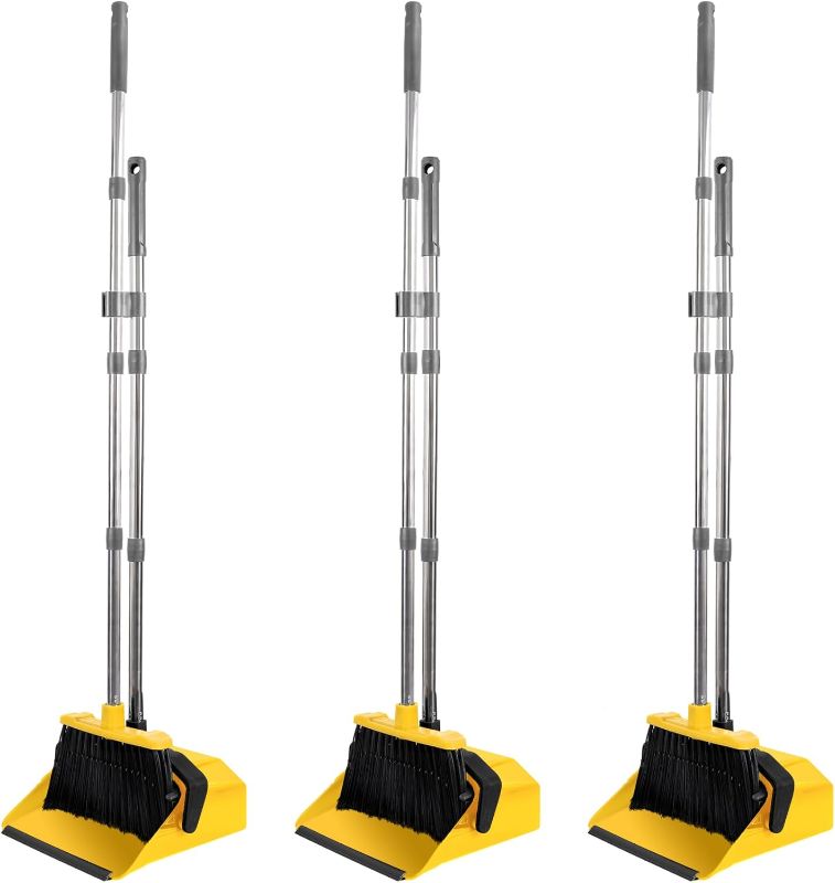 Photo 1 of 3-Pack Commercial Broom and Dustpan Combo Set, Industrial 51'' Broom and Dustpan Set, Large Standing Bulk Dust Pan Long Handle for Hall Office Garage Floor Outdoor - Bright Yellow
