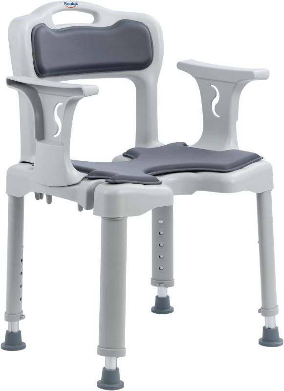 Photo 1 of Shower Chair for Inside, Bath Stool for Elderly, Disabled, and Adults, with Cushion and Seat Cutout, Height Adjustable, 300 lbs Capacity, Fits Bathtub and Small Shower Stall (Grey, Standard)
