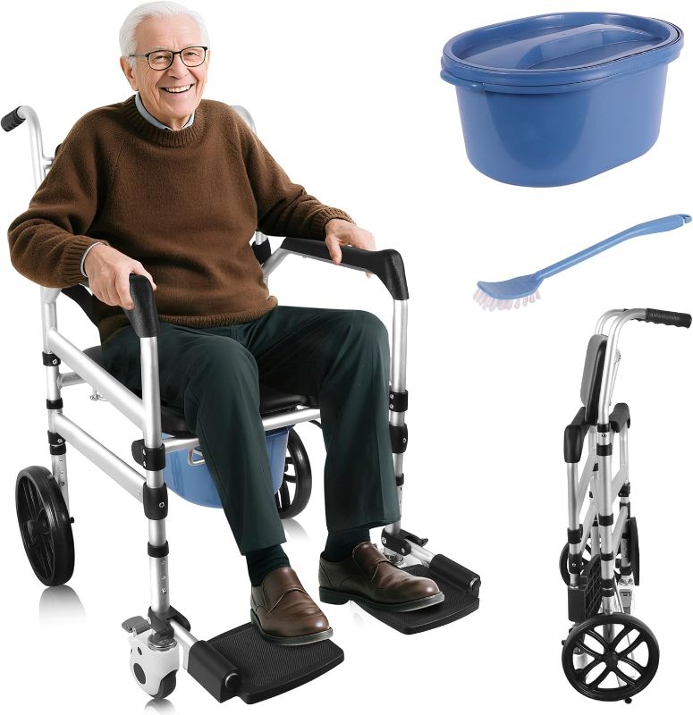 Photo 1 of Rustproof Aluminum Frame Holds 400 lbs Smooth 360 Wheels with Locks for Safe Shower Chair Commode Transfer Aid for Senior Sturdy Rolling Height Adjustable Alloy Bathing Seat Bathroom Toilet Wheelchair