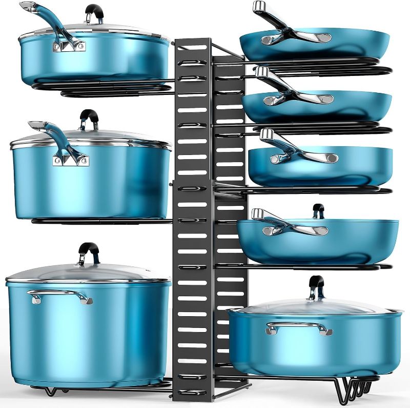 Photo 1 of ORDORA Pots and Pans Organizer for Cabinet Expandable Height 11.65'' to 19", 8 Tier Pot Organizers Rack with 3 DIY Methods, Adjustable Pan Organizer under Cabinet Kitchen Organization and Storage
