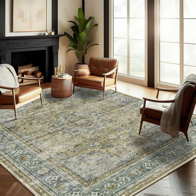 Photo 1 of Washable Area Rug 9'x12' Boho Design Non-Shedding Easy Care Ideal for High Traffic Areas in Living Room Bedroom Office Coffee Table Kitchen Large Carpet
