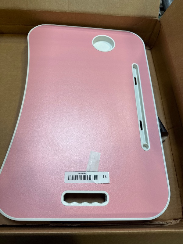 Photo 1 of Foldable Laptop Table, Portable Lap Desk Bed Table Tray, Laptop Stand with Cup Holder & Tablet Slot & Lifting Handle for Working Writing Drawing & Eating (Pink)
