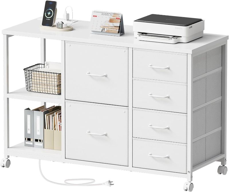 Photo 1 of 6 Drawer File Cabinet with Charging Station Rolling Printer Stand with Open Storage Shelf Fabric Lateral Filing Cabinet for Home Office,White
