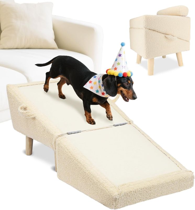 Photo 1 of Dog Ramp for Small Dogs and Cats – 2-in-1 Dog Ramp for Couch and Low Bed, 16.5'' Foldable Wooden Pet Steps, Sturdy Multi-Use Split Ottoman Design, Beige
