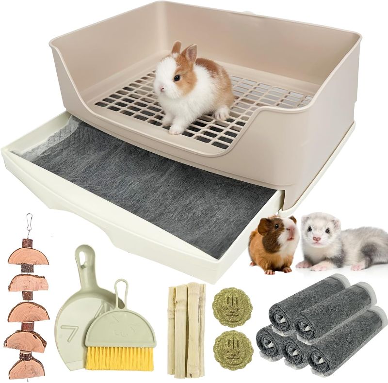 Photo 1 of RUBYHOME Oversize Rabbit Litter Box with Drawer, Corner Toilet Box with Grate Potty Trainer, Bigger Pet Pan for Adult Guinea Pigs, Chinchilla, Ferret, Galesaur, Small Animals, 16.9 inch Long (White)
