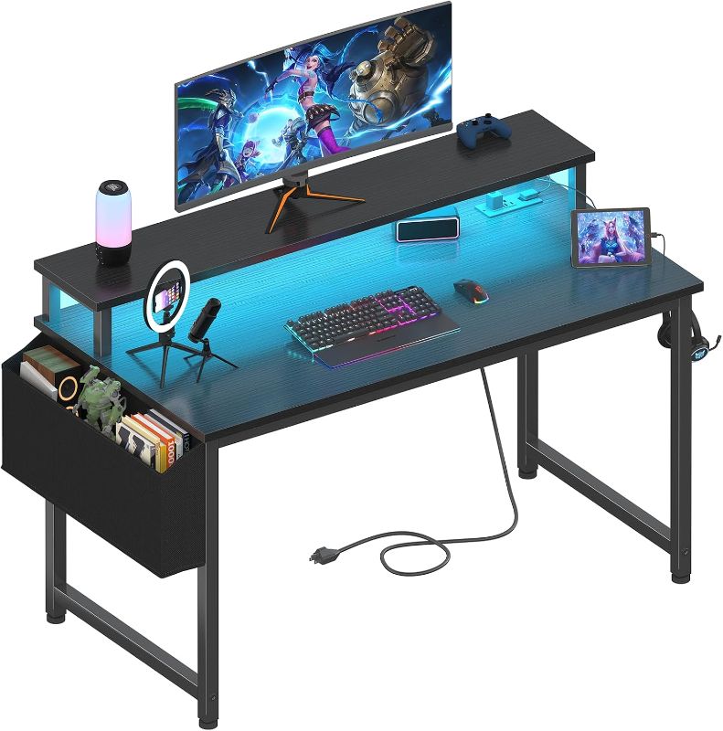 Photo 1 of Lufeiya Black Gaming Desk with LED Lights and Power Outlets, 40 Inch Teen Writing Study Table Home Office Desks with Monitor Stand, Computer Desk with Charging Station USB Port, Black
