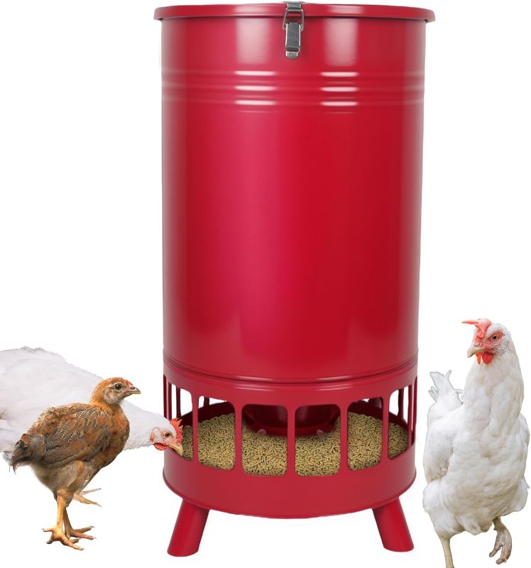 Photo 1 of Solution4Patio 65 LB Large Free Standing Chicken Feeding Barrel, Portable Gravity Chicken Feeder Automatic, Dispenser, 16 Feeding Ports Poultry Feeder, Hen Coop (Red)
