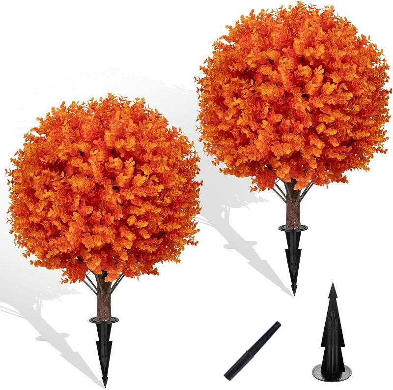 Photo 1 of Artificial Orange Boxwood Topiary Ball Bush for Outdoor with Spike, Set of 2 UV Resistant Fall Faux Plant Boxwood Ball Tree with Stake Weatherproof Fake Round Topiary Shrub for Front Porch
