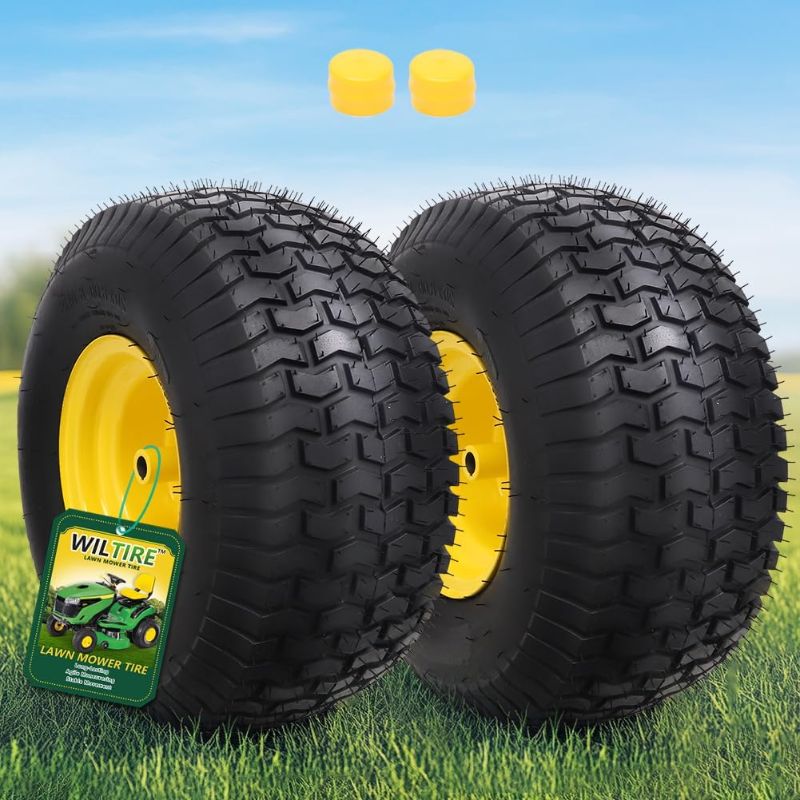 Photo 1 of 20x8.00-8 Tubeless Rear Tire with Wheel Assemblies(2 Pack),Compatible Replacement for Riding Lawn Mowers,3.5" Offset Hub, 3/4" Borehole with 3/16" Keyway, 4 Ply, 965lbs Capacity(Yellow)
