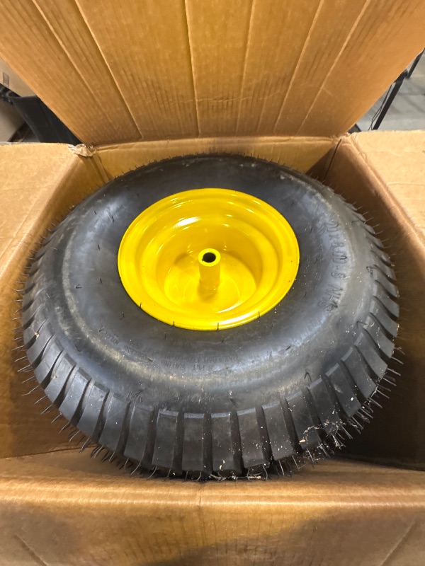 Photo 1 of 20x8.00-8 Tubeless Rear Tire with Wheel Assemblies(2 Pack),Compatible Replacement for Riding Lawn Mowers,3.5" Offset Hub, 3/4" Borehole with 3/16" Keyway, 4 Ply, 965lbs Capacity(Yellow)
