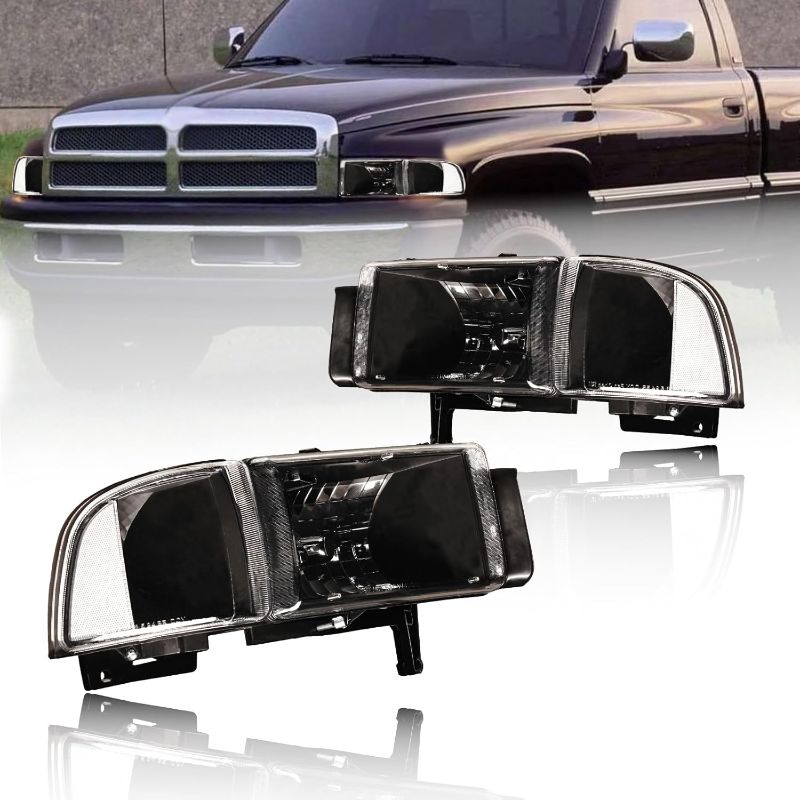 Photo 1 of Headlights Compatible with 1994-2001 Dodge Ram 1500/1994-2002 Dodge Ram 2500 3500(DON'T Fit SPORT & Ram VAN Models) Clear Reflector Black Housing
