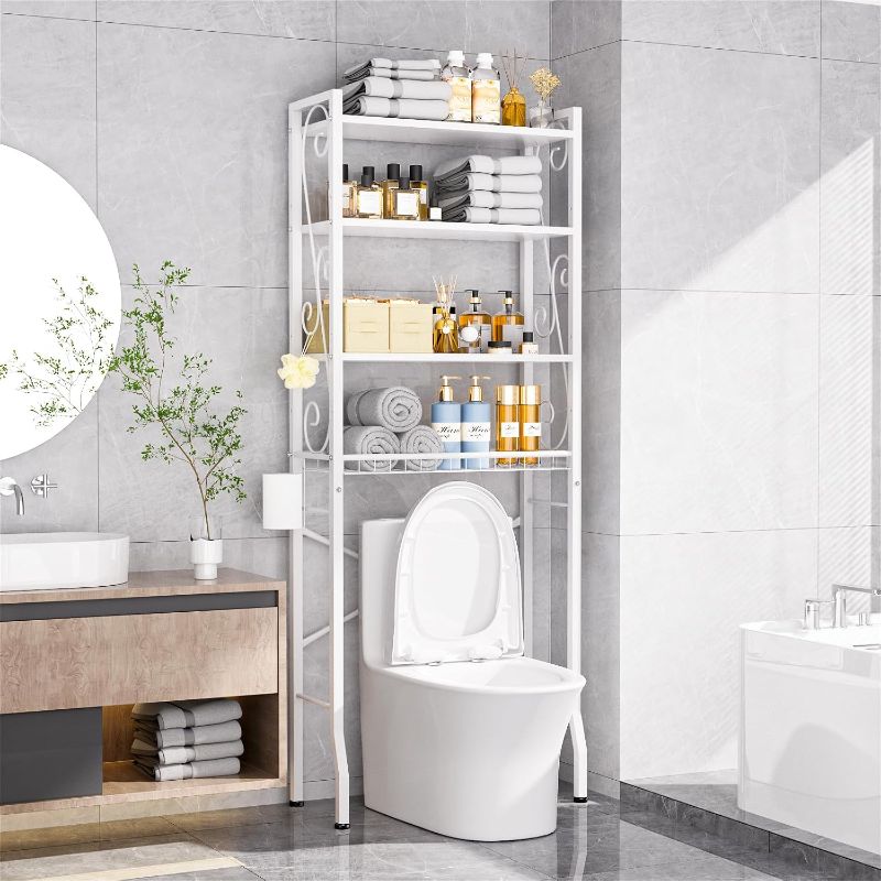 Photo 1 of Over-The-Toilet Storage Rack 4-Tier,Bathroom Organizer Shelf Over Toilet,Adjustable Wooden Shelves and Basket,Freestanding Above Toilet Shelve,Space Saver for Rooms(White Rack-White Shelves)
