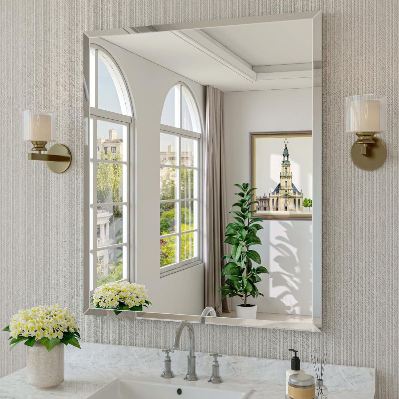 Photo 1 of Frameless Bathroom Mirror for Wall, 30"x36" Beveled Bathroom Vanity Mirror, Modern Rectangle Bathroom Mirrors for Bedroom, Entryway, Living Room, Hangs Horizontally or Vertically
