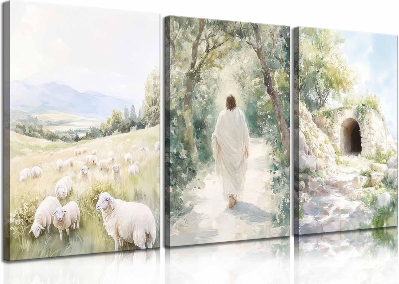 Photo 1 of 3 Pcs Christian Canvas Wall Art Modern Christian Bible Sheep Jesus On The Way Empty Tomb Painting Picture Wall Decor Bible Sketch Poster Prints for Office Living Room Bedroom Home Decoration
