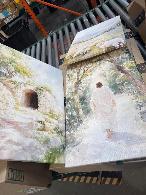 Photo 1 of 3 Pcs Christian Canvas Wall Art Modern Christian Bible Sheep Jesus On The Way Empty Tomb Painting Picture Wall Decor Bible Sketch Poster Prints for Office Living Room Bedroom Home Decoration
