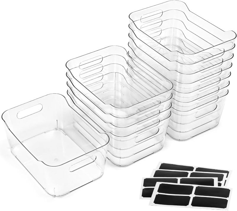 Photo 1 of 12 PACK Multi-Use Clear Plastic Storage Bins for Organizing w/ Labels - Home, Kitchen, Bathroom, Office, Pantry Cabinet Shelf Organizer Bins - SOHO Collection, RV, Fridge Organization Containers
