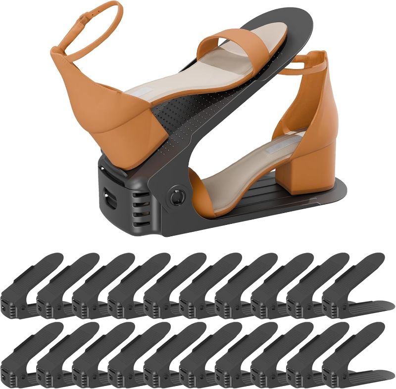 Photo 1 of Shoe Slots Organizer, 20PCS Adjustable Double Layer Stack Shoe Rack, 50% Space-Saving Storage Rack Holder, Black

