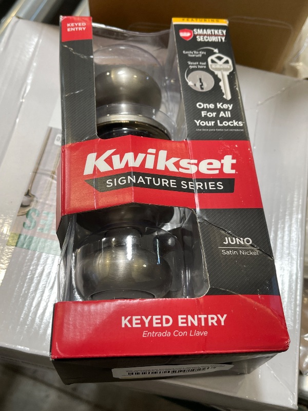 Photo 1 of Kwikset Juno Entry Door Knob with Lock and Key, Secure Keyed Handle Exterior, Front Entrance and Bedroom, Satin Nickel, Pick Resistant SmartKey Rekey Security and Microban, 2