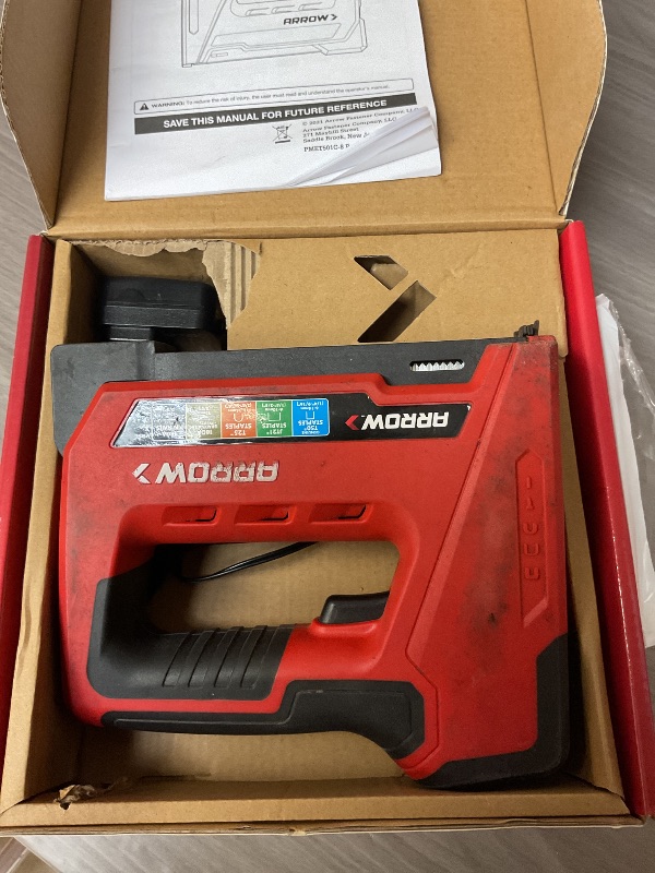 Photo 1 of Arrow ET501C Cordless 5-In-1 Professional Staple and Nail Gun, Battery Powered Wire Stapler and Brad Nailer for Upholstery, Framing, Roofing, Crafts, Fencing, Cable, Black/Red