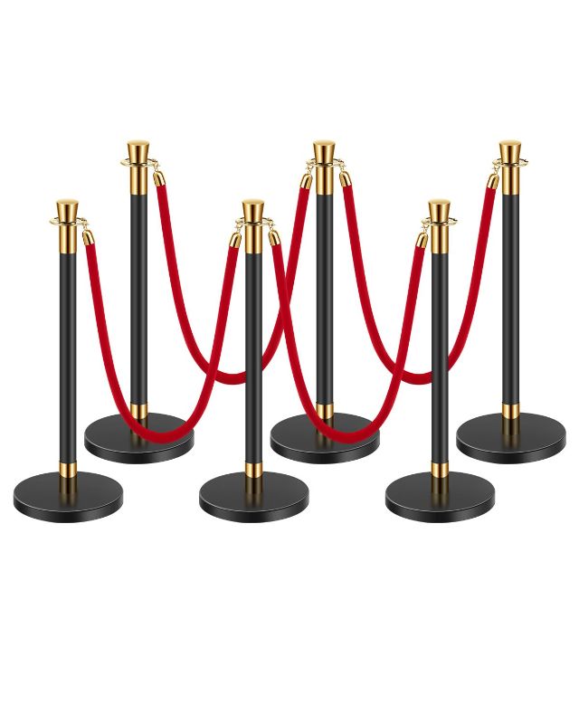 Photo 1 of VEVOR Stanchions and Velvet Ropes, 6 Pcs Crowd Control Barriers with 4 Red Velvet Ropes, Stainless Steel Stanchion Post Queue with Sand Injection Hollow Base for Theater, Wedding, Party Supplies
