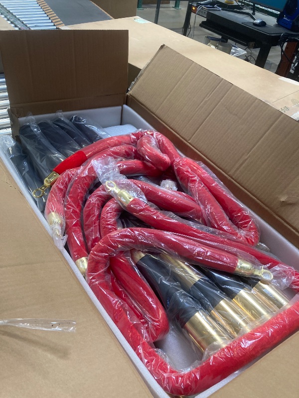 Photo 1 of VEVOR Stanchions and Velvet Ropes, 6 Pcs Crowd Control Barriers with 4 Red Velvet Ropes, Stainless Steel Stanchion Post Queue with Sand Injection Hollow Base for Theater, Wedding, Party Supplies

