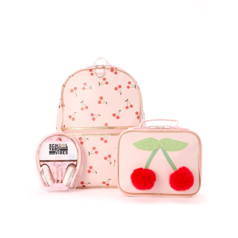 Photo 1 of Schoolyard Vibes 17" Girls' 3-Piece Cherry Kids Backpack Set with Headphones & Lunch Box, Pink
