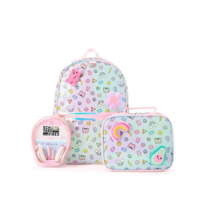 Photo 1 of Schoolyard Vibes 17" Girls' 3-Piece Rainbow & Avocado Kids Backpack Set with Headphones & Lunch Box, Blue
