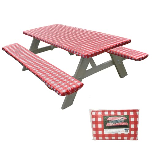 Photo 1 of Corner-Protected Against Rips, 6 Foot, Vinyl Fitted Camping Picnic Tablecloth with Bench Covers, Waterproof, PEVA, 3-Piece Set (1 Tablecloth 72"x28",
