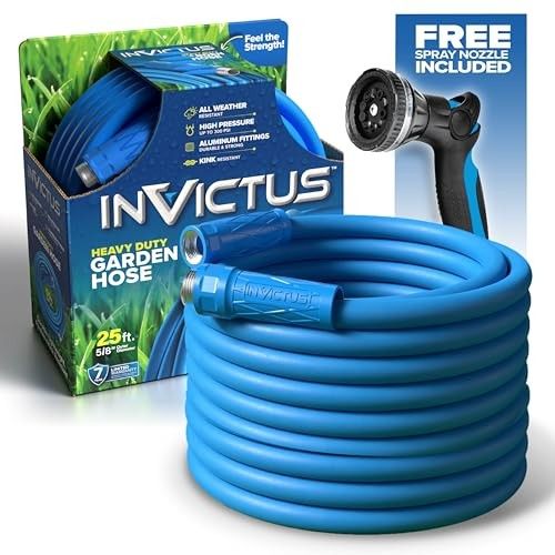 Photo 1 of INVICTUS Heavy Duty Garden Hose 25 Ft with Nozzle, Drinking Water Hose 25 Ft, Reinforced 2-Layer Durability, Kink Free, Easy-Connect Aluminum Fittings
