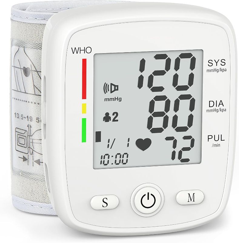 Photo 1 of Blood Pressure Monitor Digital Wrist BP Machine Automatic BP Cuff with 2 Users 180 Memory Voice Large LCD Display Adjustable Cuff USB Charging Carrying Case
